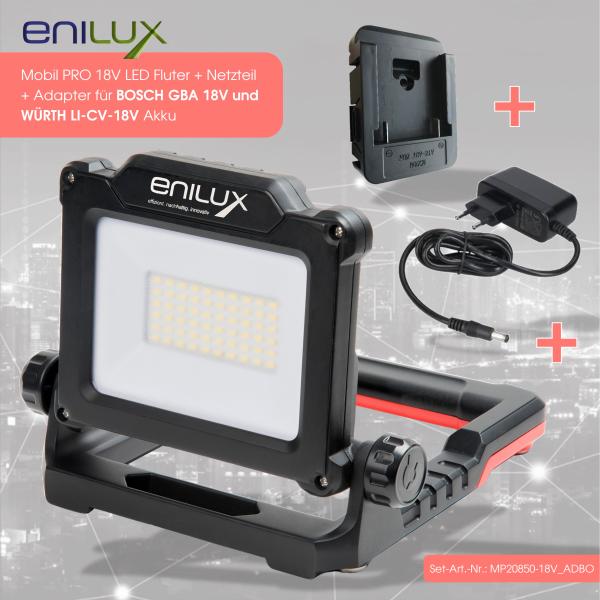Enilux Mobil PRO 18V inkl. Adapter für METABO 18V, DeWalt DCB18, Milwaukee M18, BOSCH GBA 18V, WÜRTH LI-CV-18V, Festool, Hilti 22V, Makita BL